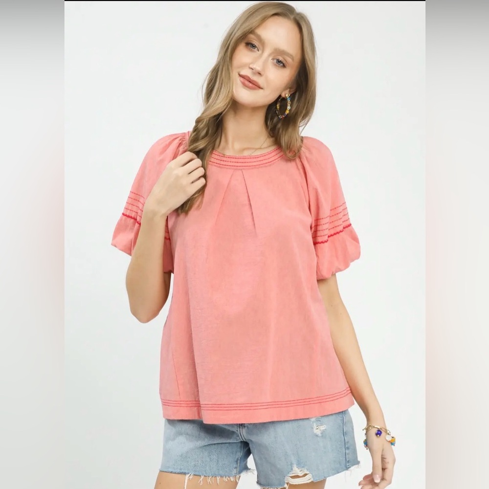 Umgee Round Neck Puff Sleeve Top with Contrast Stitch Detail